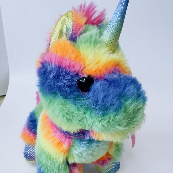 MTY International Rainbow Striped Unicorn Plush w/Pink sparkle Eyes Stuffed - Picture 13 of 14